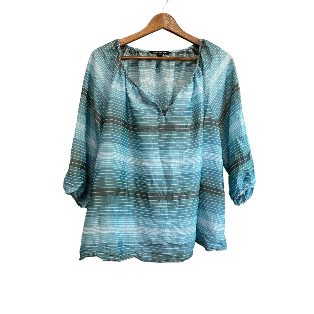 Zac & Rachel Woman 1X Blouse Top Blue Green Striped 3/4 Sleeve Casual